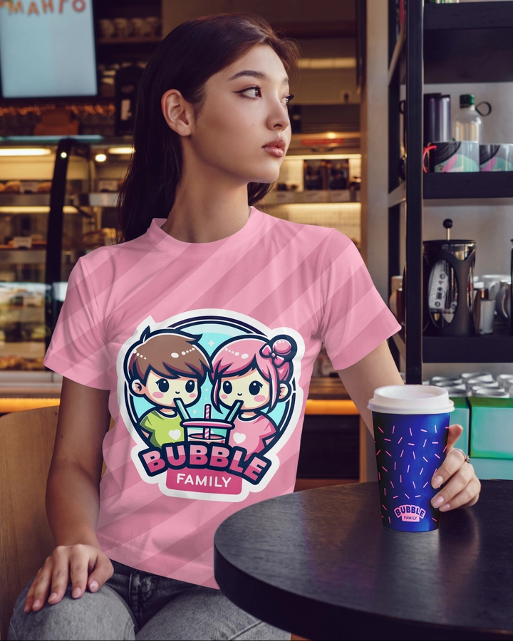 Woman holding Bubble Family branded cups in a café interior