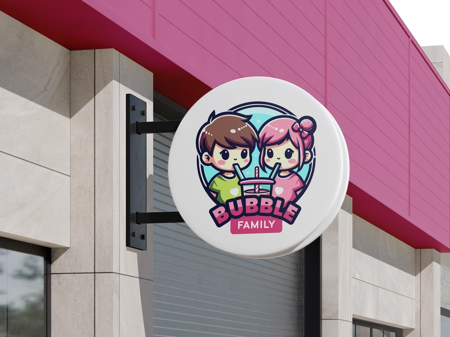 Bubble Family storefront sign on a pink shop facade