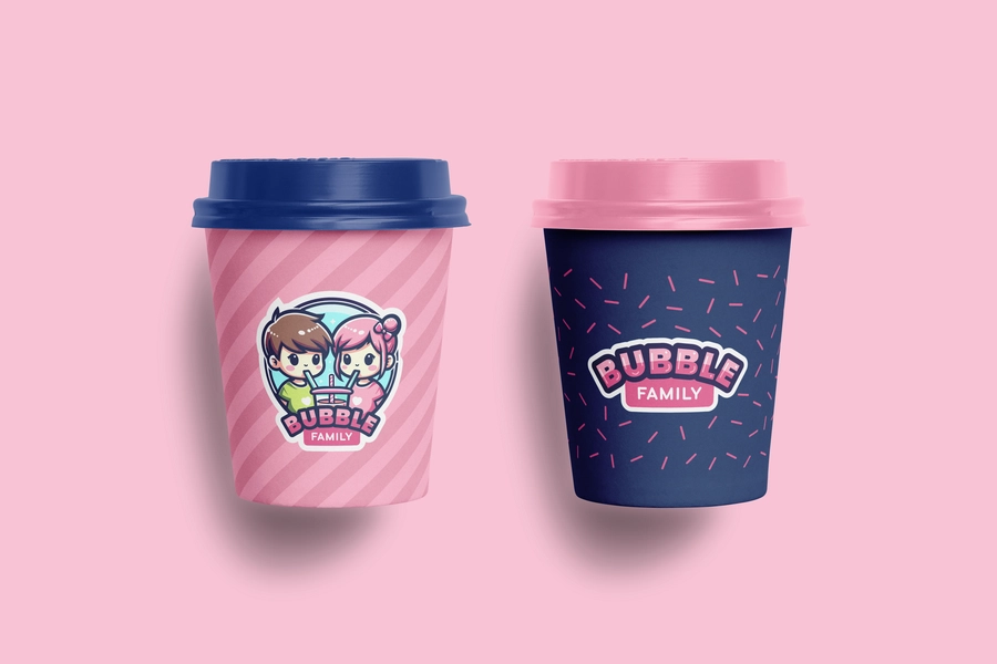 Two Bubble Family takeaway cups on a pink background