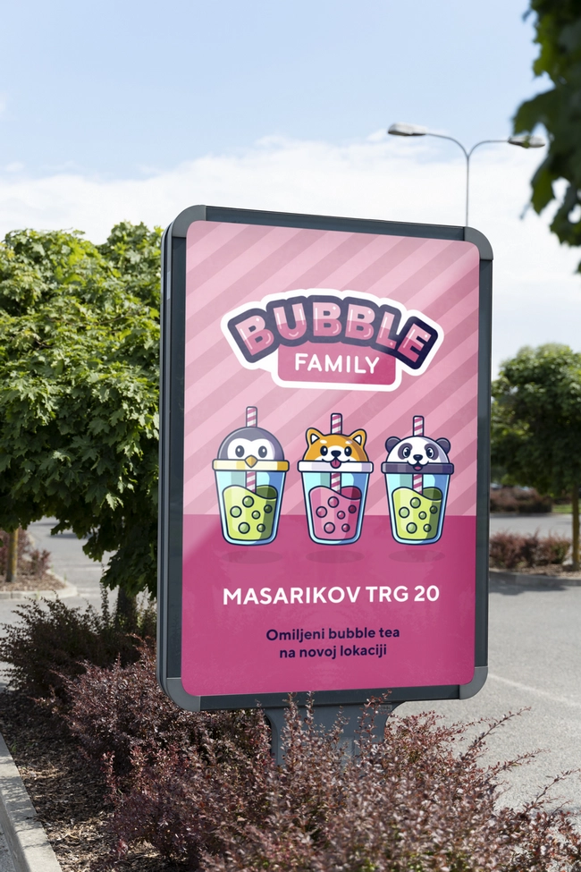 Bubble Family outdoor billboard sign with pink brand graphics