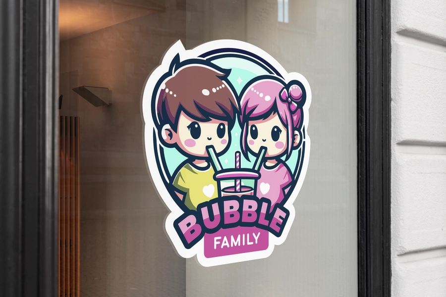 Bubble Family logo sticker applied to a shop surface