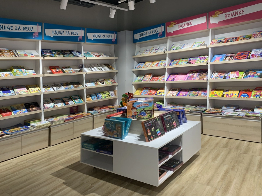 Aksa baby book shelves with product display island