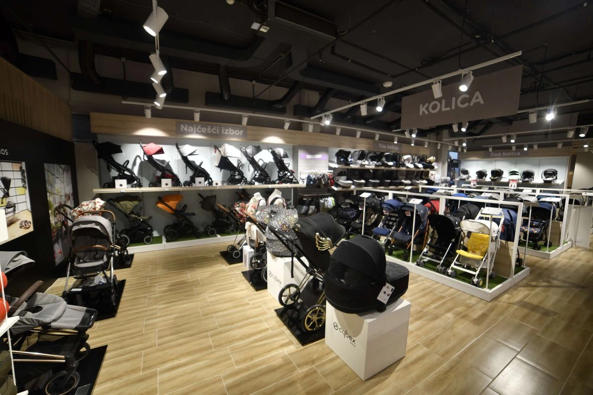 Aksa retail interior with stroller and car seat product displays
