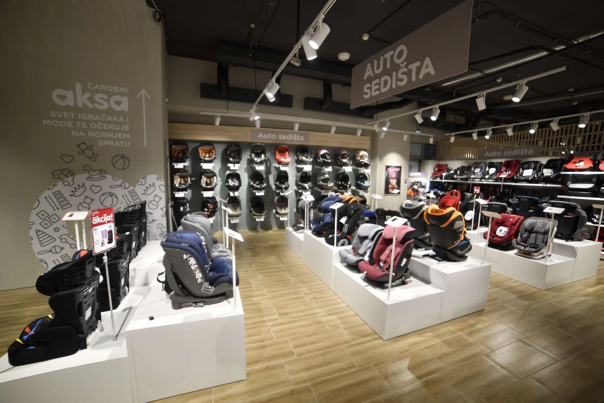 Aksa baby stroller showroom with retail display islands