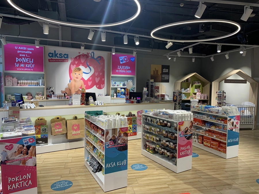 Aksa cash register area with promotional display stands