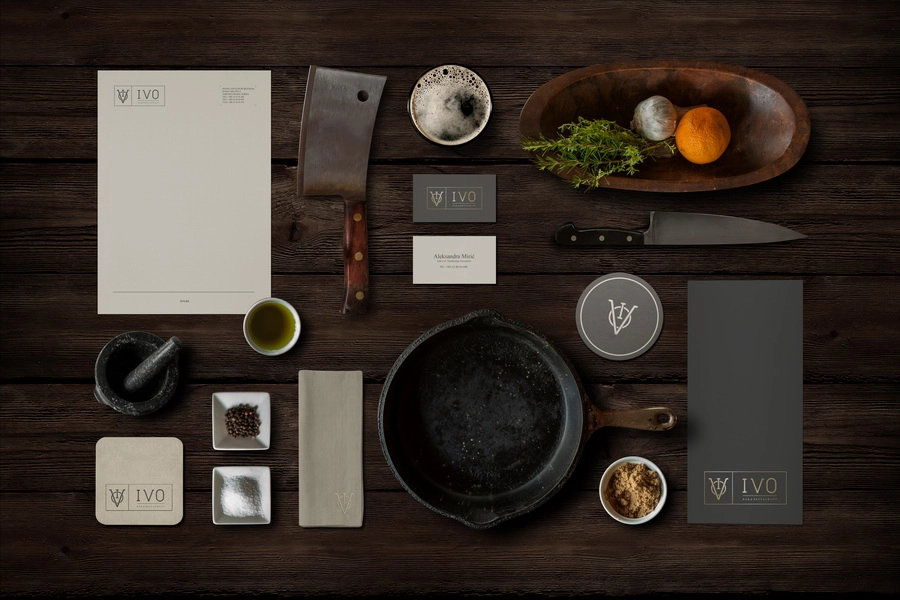 IVO restaurant brand identity elements arranged on a table