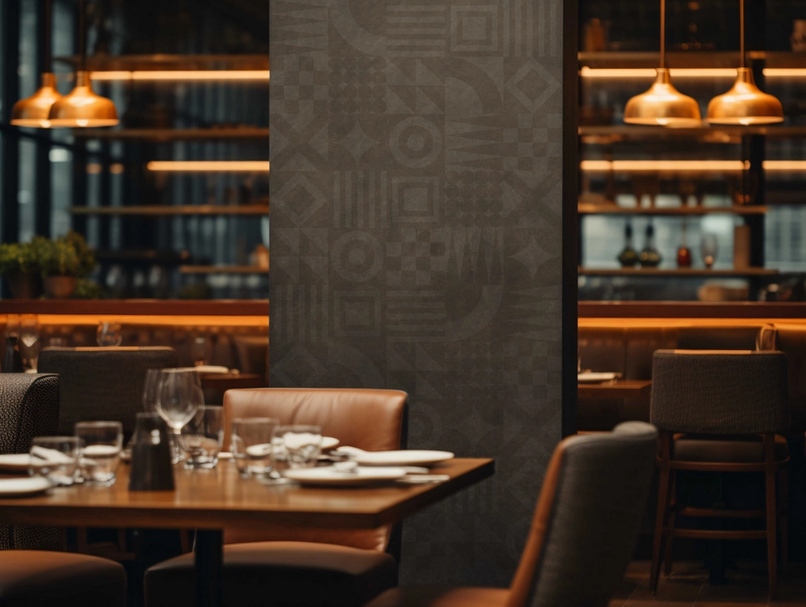 IVO restaurant interior with branded pattern on wall